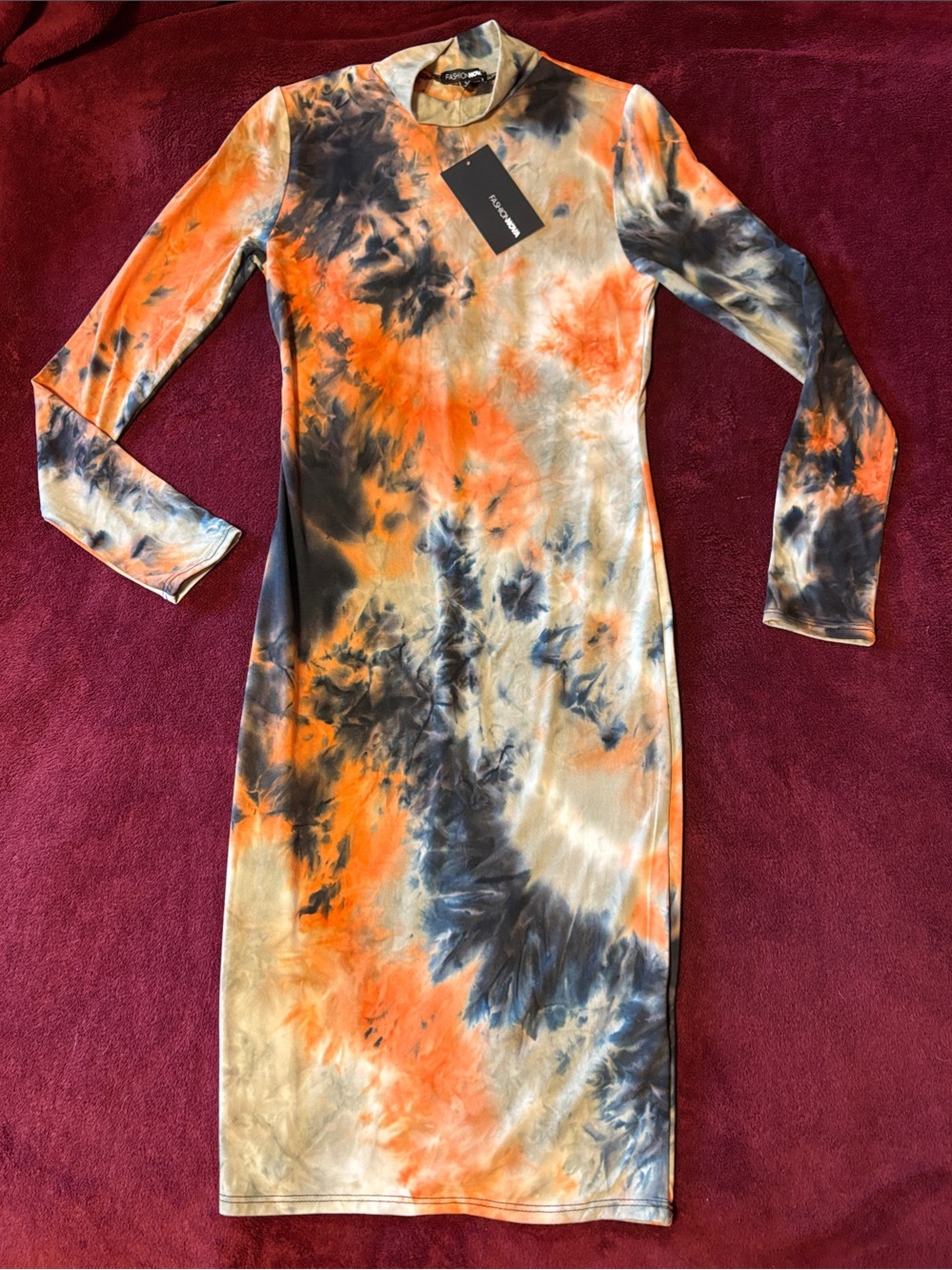 Fashion nova Orange & Black Tie-Dye Long Sleeve Midi Dress